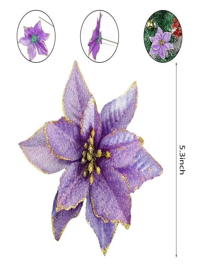 KEPATO Christmas Glitter Poinsettia Christmas Tree Ornaments Pack of 12 (Purple) - Image 3